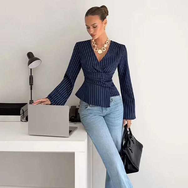Trendy Gestreepte V-Hals Blouse
